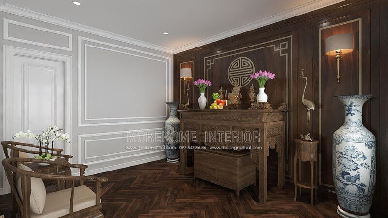Sắp xếp nội thất phòng thờ gỗ óc chó đẹp sang trọng ấn tượng từ nội thất gỗ óc chó cao cấp cùng cách kết hợp đồ khéo léo từ tủ thờ, tấm ốp tường chữ Thọ, kệ trang trí, bộ ghế bành đẹp mắt. Thiết kế nội thất
