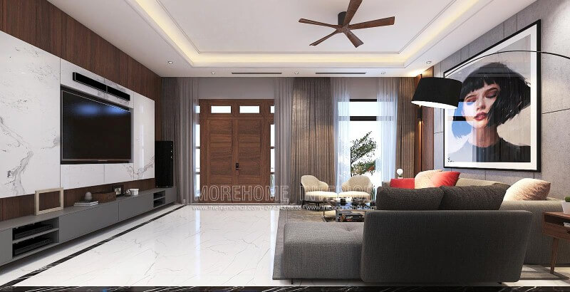 Bố trí nội thất phòng khách hiện đại đẹp, tinh tế từ đá ốp tường vân mây, tranh treo tường nghệ thuật cùng sofa hiện đại cao cấp. Thiết kế nội thất