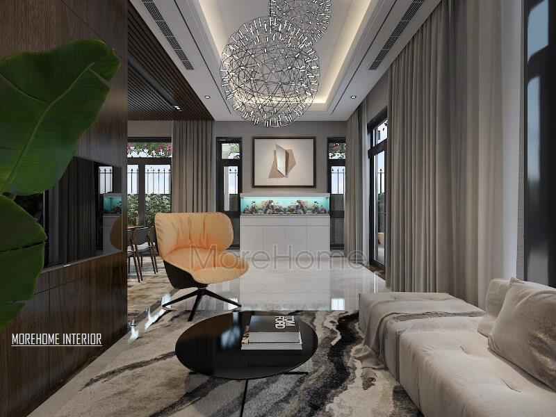 Bố trí nội thất phòng khách hiện đại tinh tế với bể cá phong thủy. Thiết kế nội thất