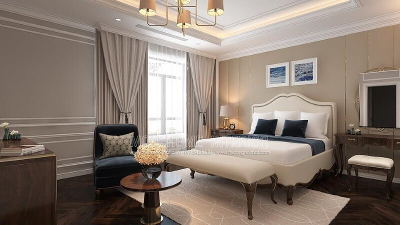 Giường ngủ tân cổ điển thanh lịch, quý phái với sắc trắng tinh khôi hòa quyện với đường nét mềm mại từ gỗ óc chó cao cấp tạo nên điểm nhấn ấn tượng cho phòng ngủ master. thiết kế chung cư