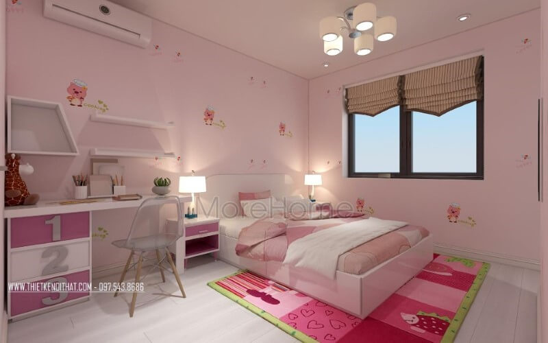 Thiết kế phòng ngủ con gái đẹp, đáng yêu từ sắc hồng điểm nhấn. thiết kế chung cư
