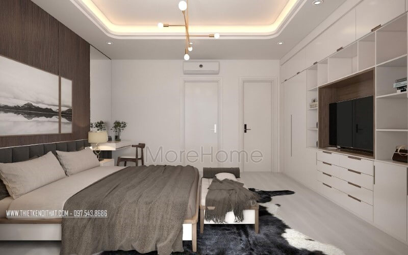 Thiết kế phòng ngủ hiện đại đẹp, nhẹ nhàng sâu lắng với gam trắng từ tường kết hợp cùng gỗ óc chó sẫm màu ốp tường. thiết kế chung cư