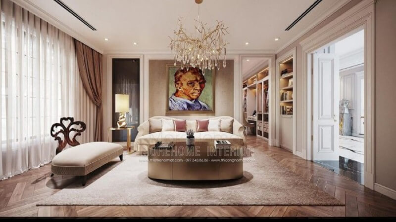 Bộ sofa đơn cao cấp cùng điểm nhấn tranh chân dung họa sĩ Van Gogh tuyệt đẹp đã tạo nên nét sang trọng, độc đáo cho phòng giải trí trong phòng ngủ. Thiết kế nội thất