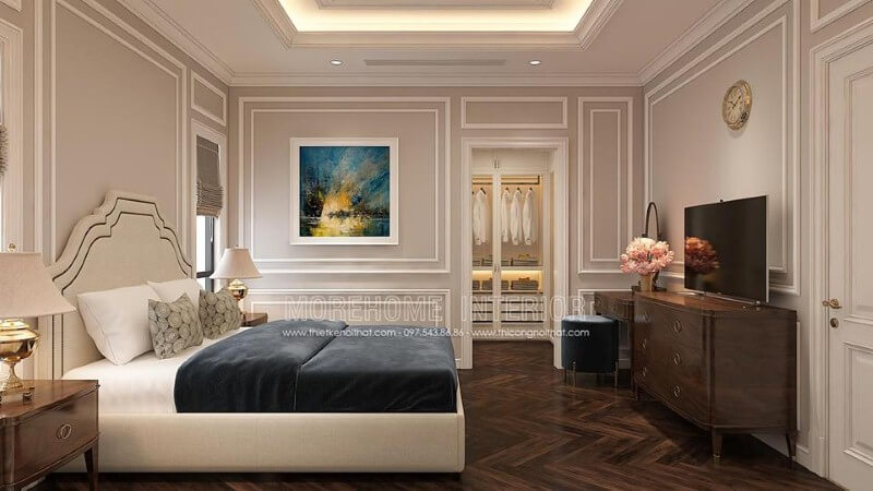 Sắp xếp nội thất phòng ngủ tân cổ điển có tủ quần áo khoa học, phong thủy. Thiết kế nội thất