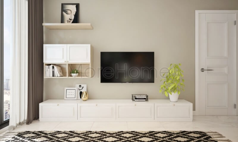 Kệ tủ hiện đại được phun sơn trắng cao cấp, tích hợp của nhiều chức năng như kệ ti vi, kệ trang trí ấn tượng... Thiết kế nội thất