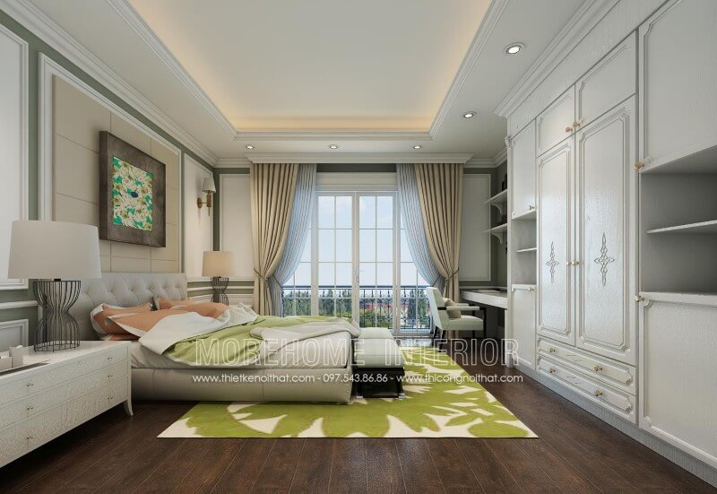 Thiết kế giường ngủ gỗ t bọc da sáng màu tạo sự nhẹ nhàng cho gia chủ Thiết kế nội thất